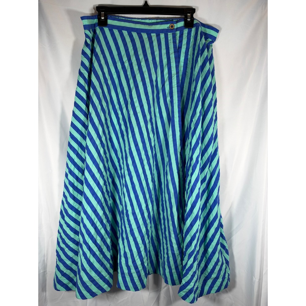 Celandine Anthropologie Blue Green Striped Linen Blend Wrap Midi Skirt XL NEW